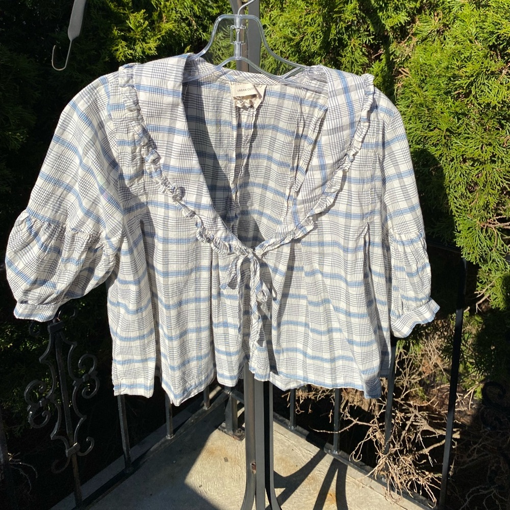 Urban Outfitters blue and white gingham baby doll top with puffy sleeves